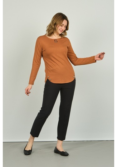 Sistas Kadın Süs Düğmeli Uzun Kol Bluz 23538 Camel