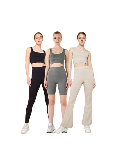 Fitilli Kare Yaka Esnek Örme Crop Büstiyer 3'lü Atlet Set Siyah - Haki - Bej