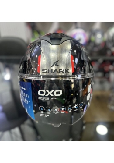 Shark Oxo Sıkter Çene Açılır Gümüş - Siyah - Kırmızı Kask