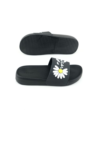 Gezer Kadın Yazlık Papatya Tasarım Pu Rahat Taban Ev Banyo Havuz Plaj Terlik Siyah