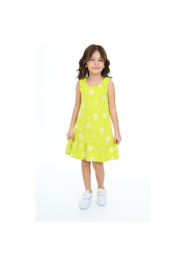 Toontoy Kız Çocuk Baskılı Elbise Açık Yeşil