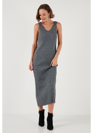 Lela V Yaka Fitilli Uzun Triko Bayan Elbise 4616169 Koyu Gri