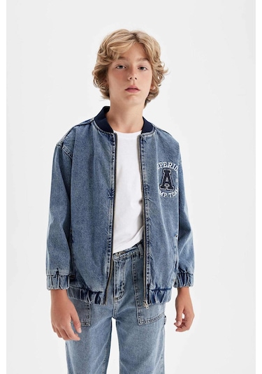 DeFacto Erkek Çocuk Kolej Yaka Fermuarlı Cepli Mevsimlik Baskılı Jean Bomber Ceket C3685A824AUNM39