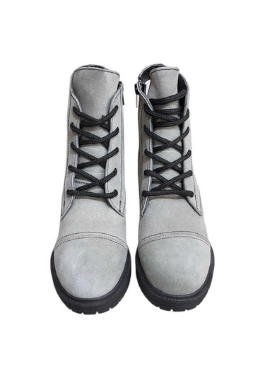 Gri Hakiki Süet Bağcık Detay Yandan Fermuarlı Kalın Topuk Bot Gri