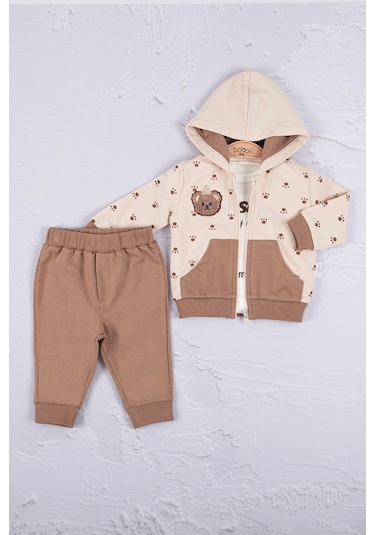 Babydonat Persona Bear Nakışlı Pamuk 3'li Erkek Bebek Takım Krem