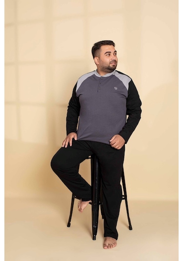 Erkek Büyük Battal Beden Desenli 3 Düğmeli %100 Pamuk Mevsimlik Uzun Kol Cepli Pijama Takımı Gri-siyah