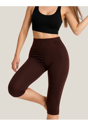 Diz Altı Kapri Tayt Yüksek Bel Likralı Parlak Dalgıç Kumaş, Antrasit Füme Kahverengi