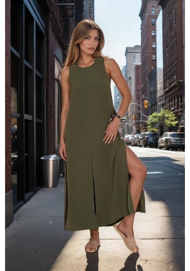 Kadın Sıfır Kol Aerobin Kumaş A Kesim Yırtmaçlı Maxi Yazlık Elbise 3760330 Haki