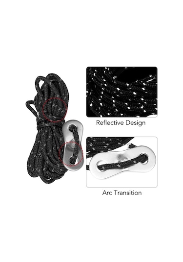 Pazly 6'lı Çadır İpi Seti - 3mm Yansıtmalı, Ayarlanabilir Alüminyum Klipsli Siyah Kamp İpi Siyah