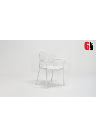 6 Adet Rattan Kollu Beyaz Sandalye Balkon Bahçe Teras Beyaz