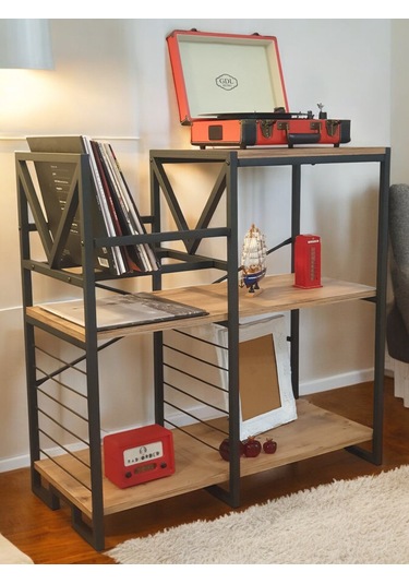 Plak Standı Metal Gövdeli Ahşap Raflı Pilak Köşesi Dresuar Siyah