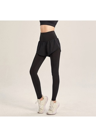 Fastbuy Kadın Siyah Spor Taytı 2'li Esnek Bel Arka Cep Koşu Yoga Elastik Tayt Siyah
