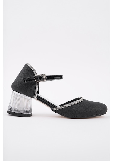 Muggo Else Bilekten Bağlamalı Simli Kız Çocuk Kısa Topuklu Ayakkabı Siyah