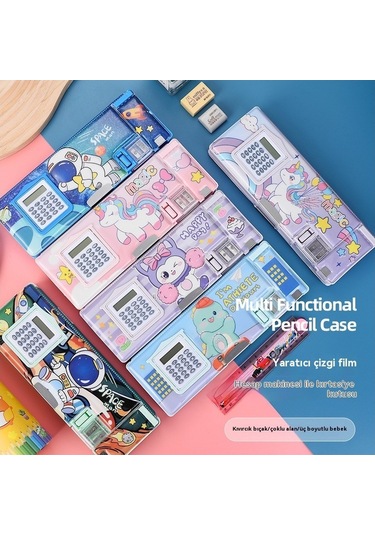 Pratik Ve Şık Çift Taraflı Hesap Makinesi İle Kırtasiye Organizer Çok Amaçlı Okul Ofis Malzemeleri Saklama Kutusu Mor