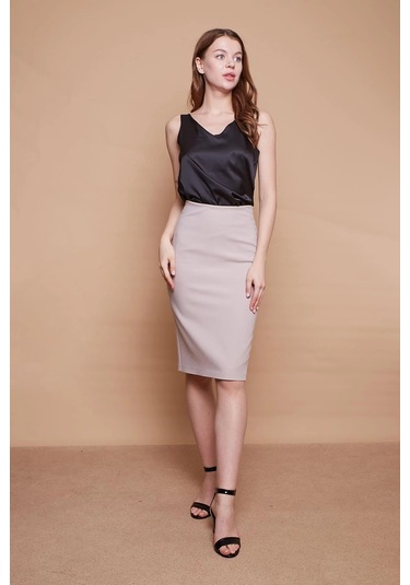 Astarlı Yüksek Bel Diz Altı Hafif Likralı Yırtmaçlı Kumaş Ofis Kalem Etek-taş Taş