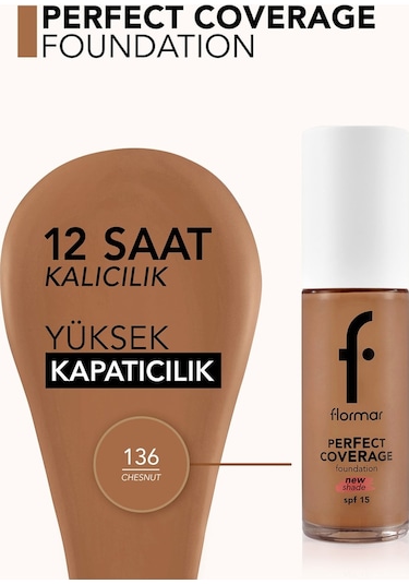 Flormar Perfect Coverage Yoğun Kapatıcı Su Bazlı Fondöten (Sıcak Alt Ton) -136 Chesnut -8682536070652