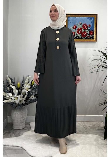 Banu Broşlu Triko Elbise Haki Normal