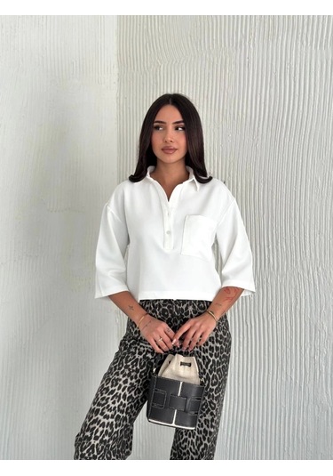 Crop Yakalı Gömlek Üç Çeyrek Sleeve Kol - Beyaz Beyaz