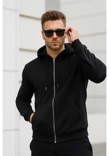 Rich Erkek Siyah Kapüşonlu Kanguru Cepli Fermuarlı Sweatshirt Siyah