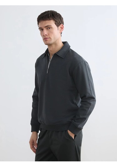 Lc Waikiki Antrasit Fermuar Kapamalı Polo Yaka Erkek Sweatshirt