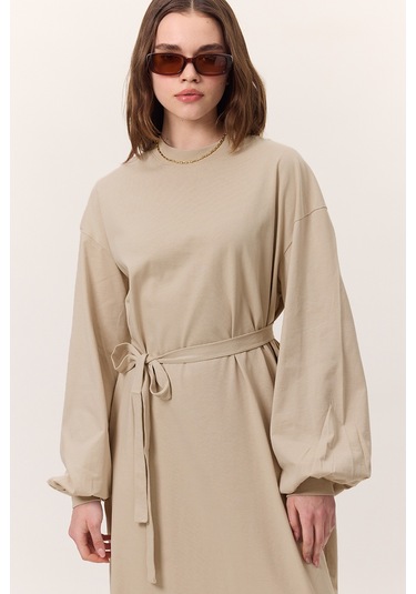 Balon Kollu Uzun Rahat Elbise Taş Taş