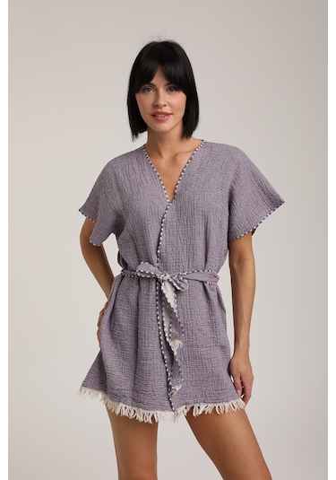 Life For Moda Kadın Kuşaklı Müslin Pareo Kimono P 80 Mor