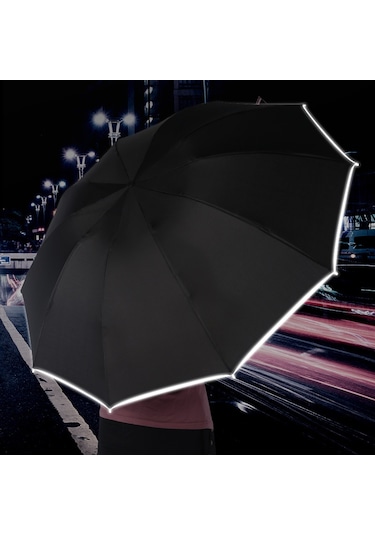 Lemestar 23 İç Çaplı 10 Kemikli Led Işık Ve Yansıtıcı Şeritli Otomobil Uyumlu Ters Katlanır Siyah Siyah Jeli Paraplyu - El Fonu Fenerli Günlük Kullanim Umbrella Siyah