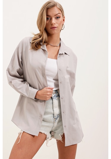 3900 Oversize Uzun Basic Gömlek - Gri 001