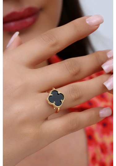 14k Altın Kaplamalı 925 Ayar Gümüş Granada Saray Yoncası Yüzük - Siyah Oniks 34025202 Altın