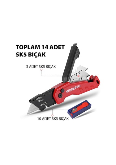 Workpro Wp211026 Katlanır Çok Amaçlı Profesyonel Rötuş Maket Bıçağı + 14 Adet Yedek Bıçak