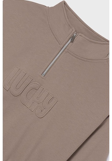 Kız Çocuk Yarım Fermuarlı Kabartma Yazılı Sweatshirt - Vizon Kahverengi
