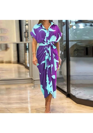 İlkbahar Yaz Kadın Elbise Baskılı Yaka Kısa Kollu Yüksek Bel Uzun Gömlek Elbiseler Mor