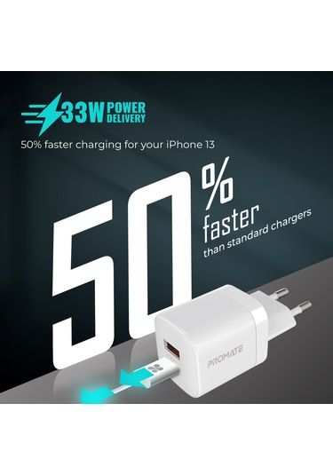 Promate PowerPort-33 33W,Type-C PD , USB Hızlı Şarj Cihazı Beyaz