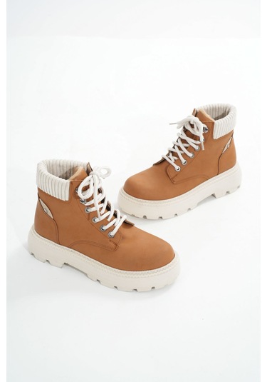 Lmç-2045 Taba Süet Bağcıklı Kalın Taban Kadın Günlük Bot Acı Kahverengi