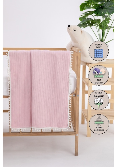 %100 Pamuk Cherry Bebek Battaniyesi Pamuklu Pike 100x120 - Pudra