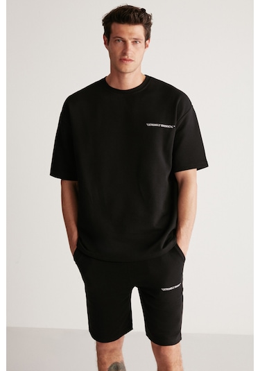 Colombıa Erkek 2'li Set Comfort Fit Rahat Kalıp Yazı Nakışlı Şardonsuz Siyah Eşofman Takımı