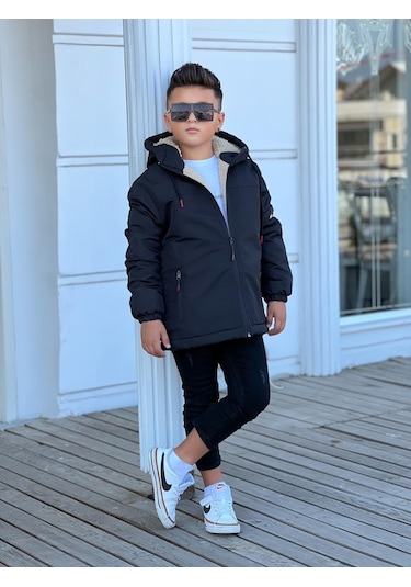 Erkek Çocuk Kapüşonlu İçi Kürklü Mont Km3050 Siyah