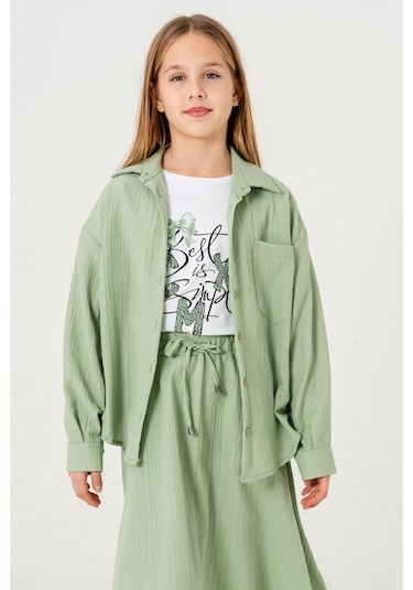 Kız Çocuk Tek Cepli Gömlek T-shirt İkili Takım 1802 Yeşil