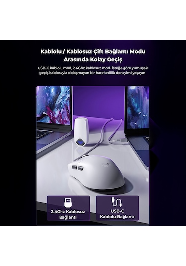 Aula Sc800 Lightweight Paw3395 Sensor 26000 Dpı 8000hz Kablolu Ve Kablosuz Gaming Oyuncu Mouse Beyaz