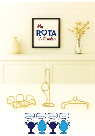 Servis Sunum Seti, Rota Kağıt Havluluk, Kare Peçetelik, Üçgen Nihale, Üçlü Set, Paslanmaz Çelik Tel Gold