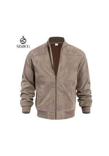 Sonbahar Süet Düz Renk Fermuarlı Hırka Vintage Uzun Kollu Erkek Ceket Kahverengi