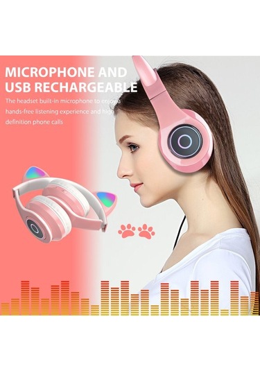 Wezone Kedi Kulaklıklı Led Işıklı Hi-fi Stereo Bluetooth 5.0 Kulaklık, Kablolu/kablosuz, Fm/tf Kart Desteği, Çocuklar/gençler İçin Pembe