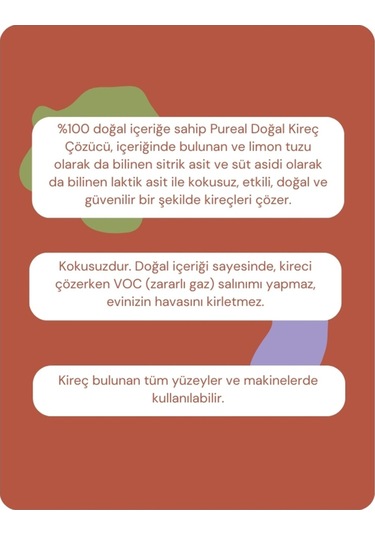 Pureal Doğal Kireç Çözücü - Tüm Kireçli Yüzeyler, Espresso Ve Kahve Makineleri - Su Isıtıcıları 1 L Tekli