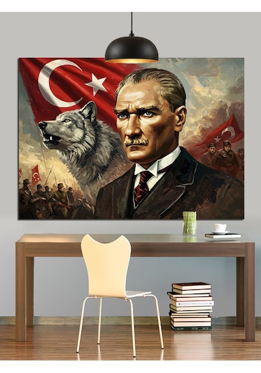 Atatürk Ve Kurt Resmi Dekoratif Kanvas - Mdf Ahşap Tablo