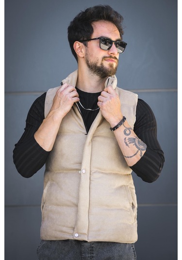 Taff Cepli Dik Yaka Dolum Erkek Şişme Süet Nubuk Yelek Bej