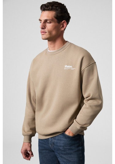 Ernest Erkek Organik Pamuklu Yumuşacık Baskı Detaylı Bisiklet Yaka İçi Polarlı Bej Sweatshirt