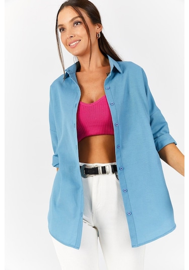 Armonika Kadın Buzmavi Oversize Uzun Basic Gömlek Arm-22y001118 Buz Mavisi