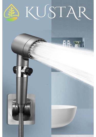 Kustar 3'lü Sabit Yüksek Basınçlı Masajlı Filtreli Aç Kapa Duş Başlığı Banyo Duş Seti Askı Ve Duş Hortumu Gri