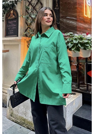 Kadın Yeşil Terikoton Kumaş, Yırtmaçlı, Rahat Uzun Gömlek Benetton