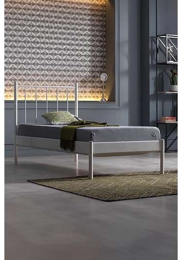 Falez-st Tek Kişilik Metal Karyola-beyaz Yüksek Başlıklı Ahşap Latalı